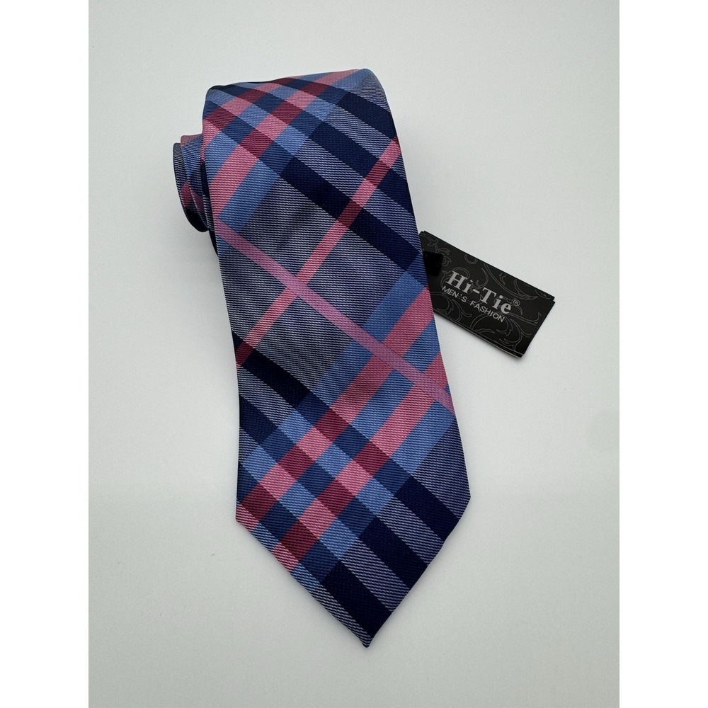 Hi-Tie Blue Pink Plaid Neck Tie Men's Classic Check Woven Formal‎ Business Tie